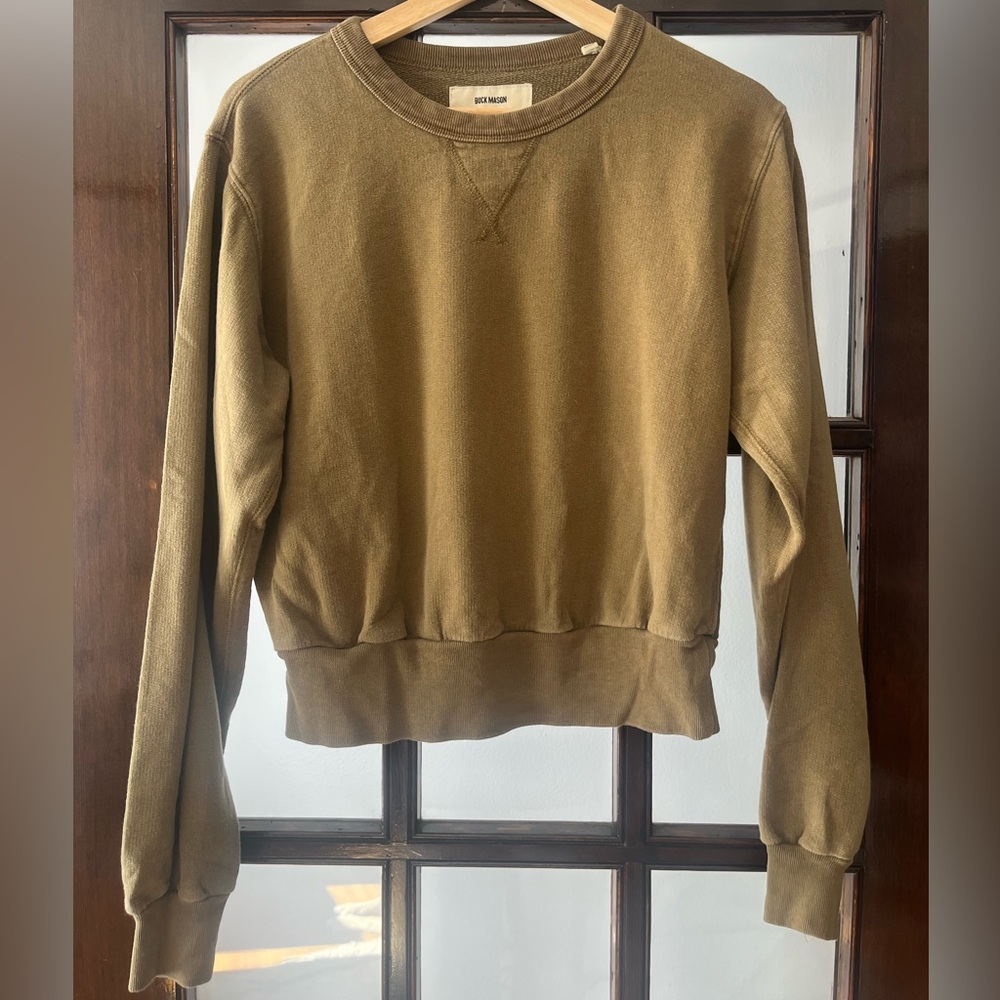 Worn Once! Buck Mason Women’s Olive Green Cropped Crewneck Sweatshirt